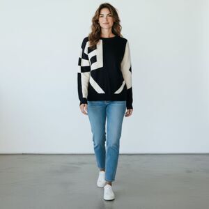 Only Mine Black & White Geometric Abstract Cashmere Sweater - Medium